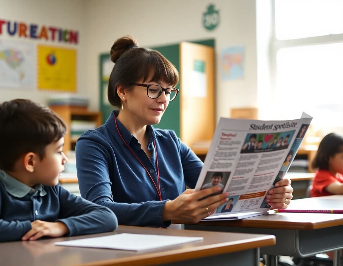 Elementary teacher reviewing student spotlight section of school newsletter at classroom desk