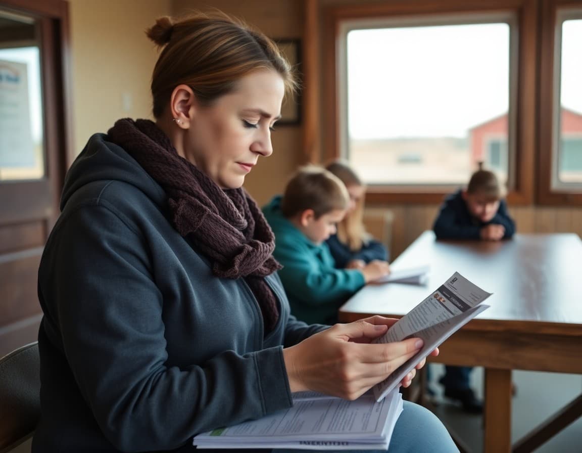 Parent checking school newsletter on phone near South Dakota plains farmstead