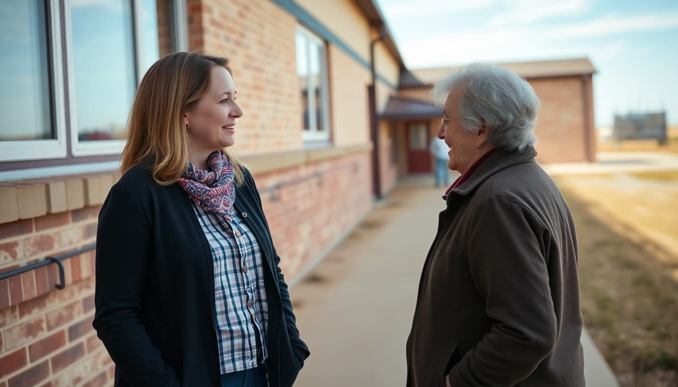 South Dakota elementary school teacher chatting with parent beside school building on a clear prairie day