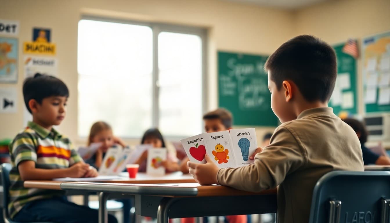 Elementary students practicing Spanish vocabulary with flash cards and visual aids in class