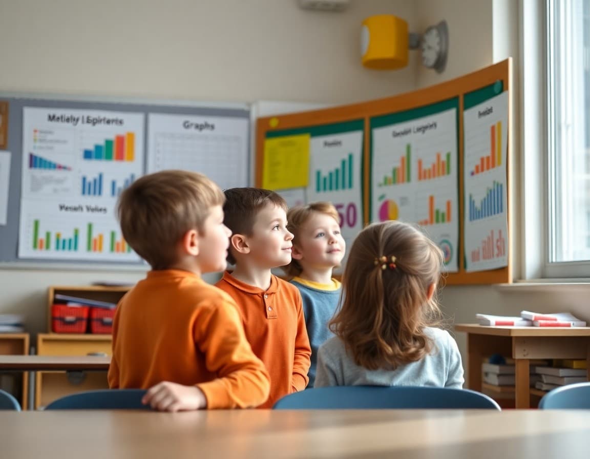 Elementary students looking at colorful graphs and charts on a classroom bulletin board