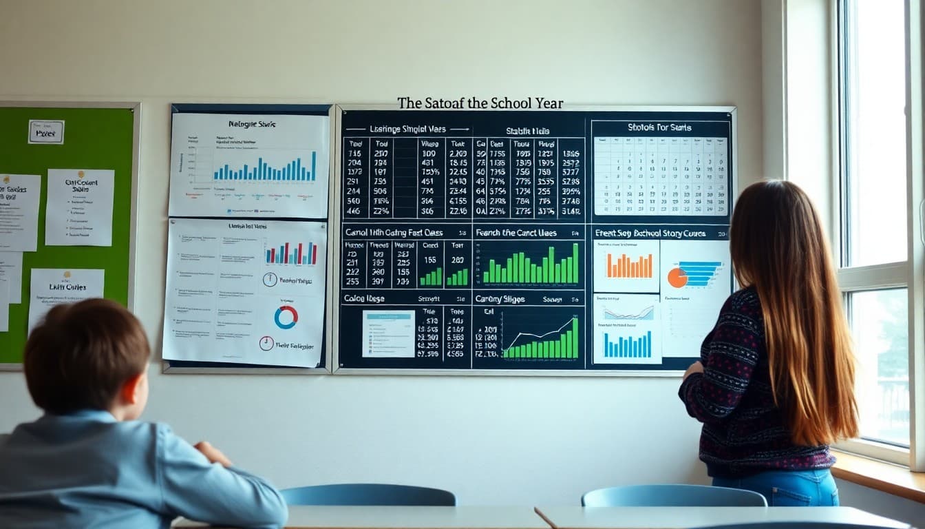 Elementary teacher setting up a data and statistics display board at the start of the school year