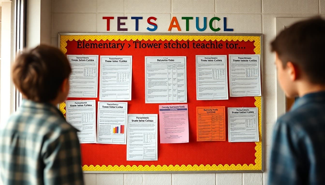Elementary statistics teacher newsletter examples arranged on a colorful school bulletin board