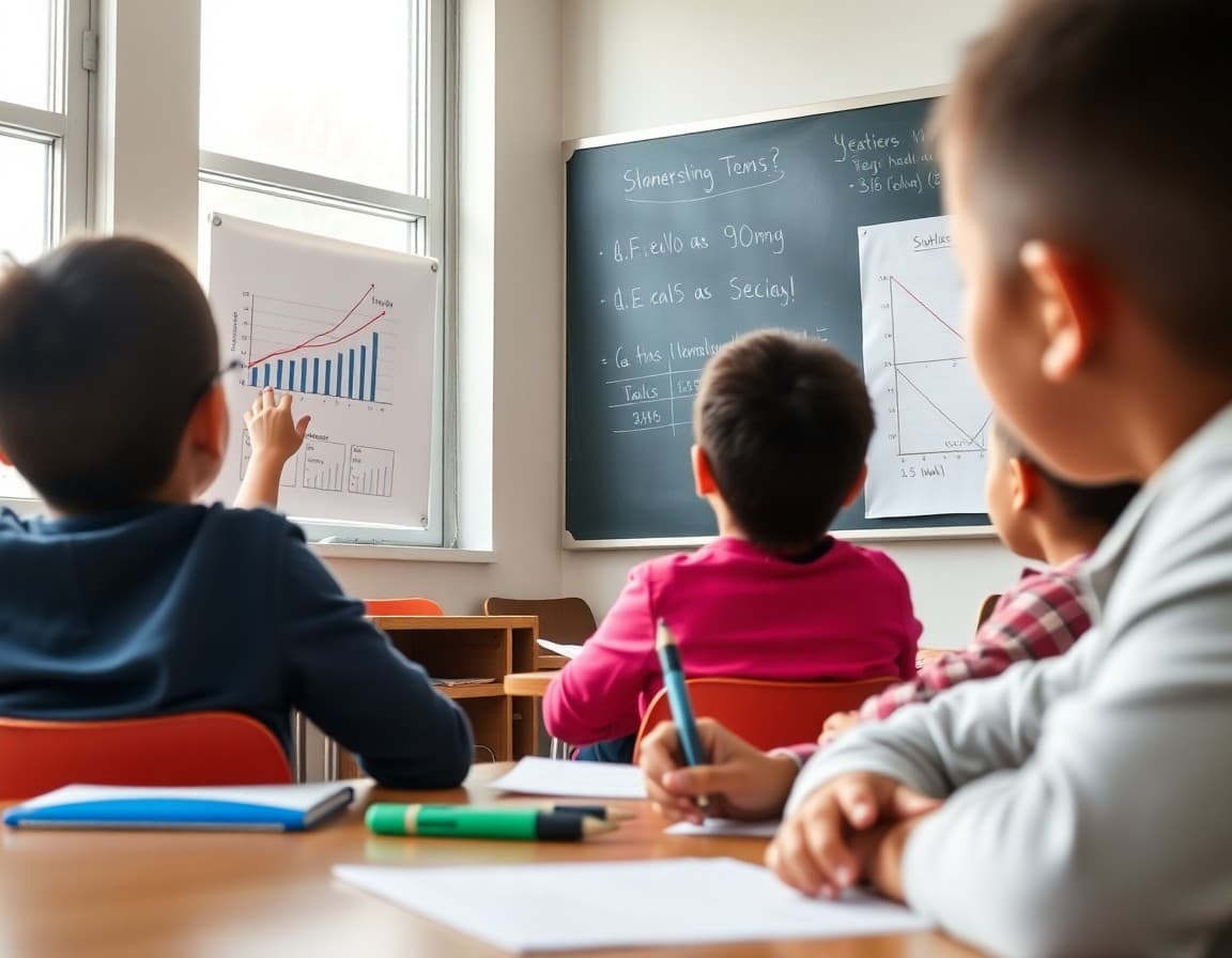 Elementary teacher pointing to graphs on a board while preparing students for statistics test