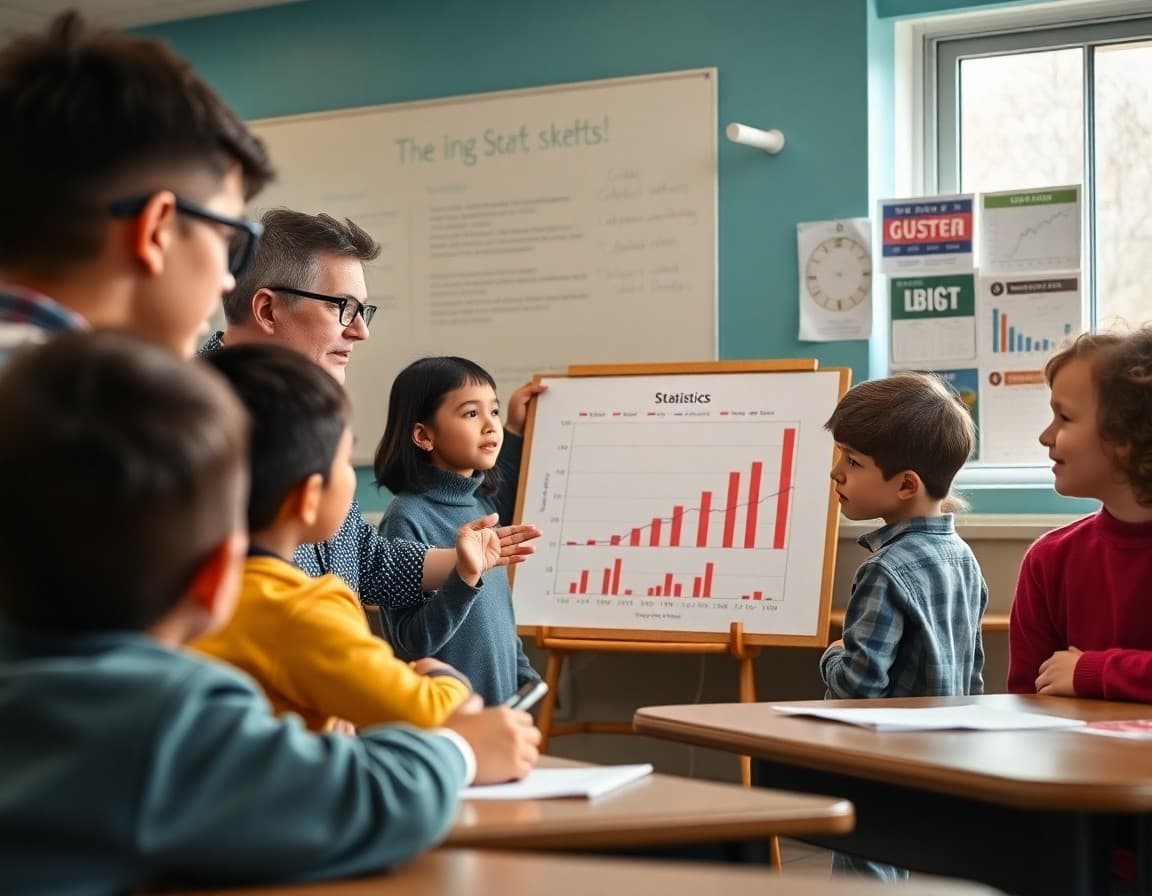 Elementary teacher explaining a data chart to students at the beginning of statistics unit
