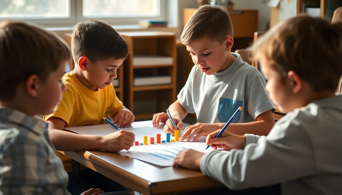 Elementary school students creating bar graphs and charts during a statistics unit lesson
