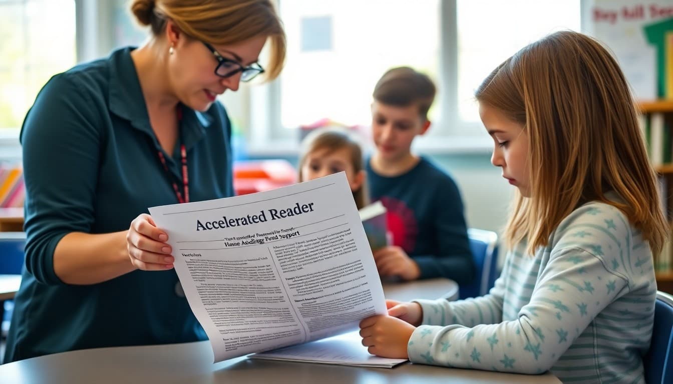 Elementary school teacher preparing a newsletter about the Accelerated Reader program and home reading support for K-5 families