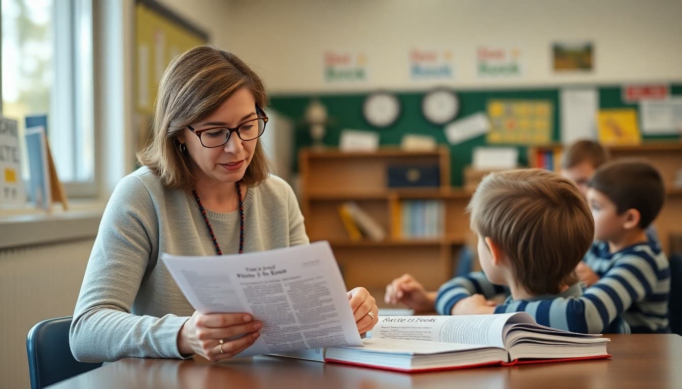 Elementary school teacher preparing a newsletter about the Battle of the Books reading competition for K-5 families