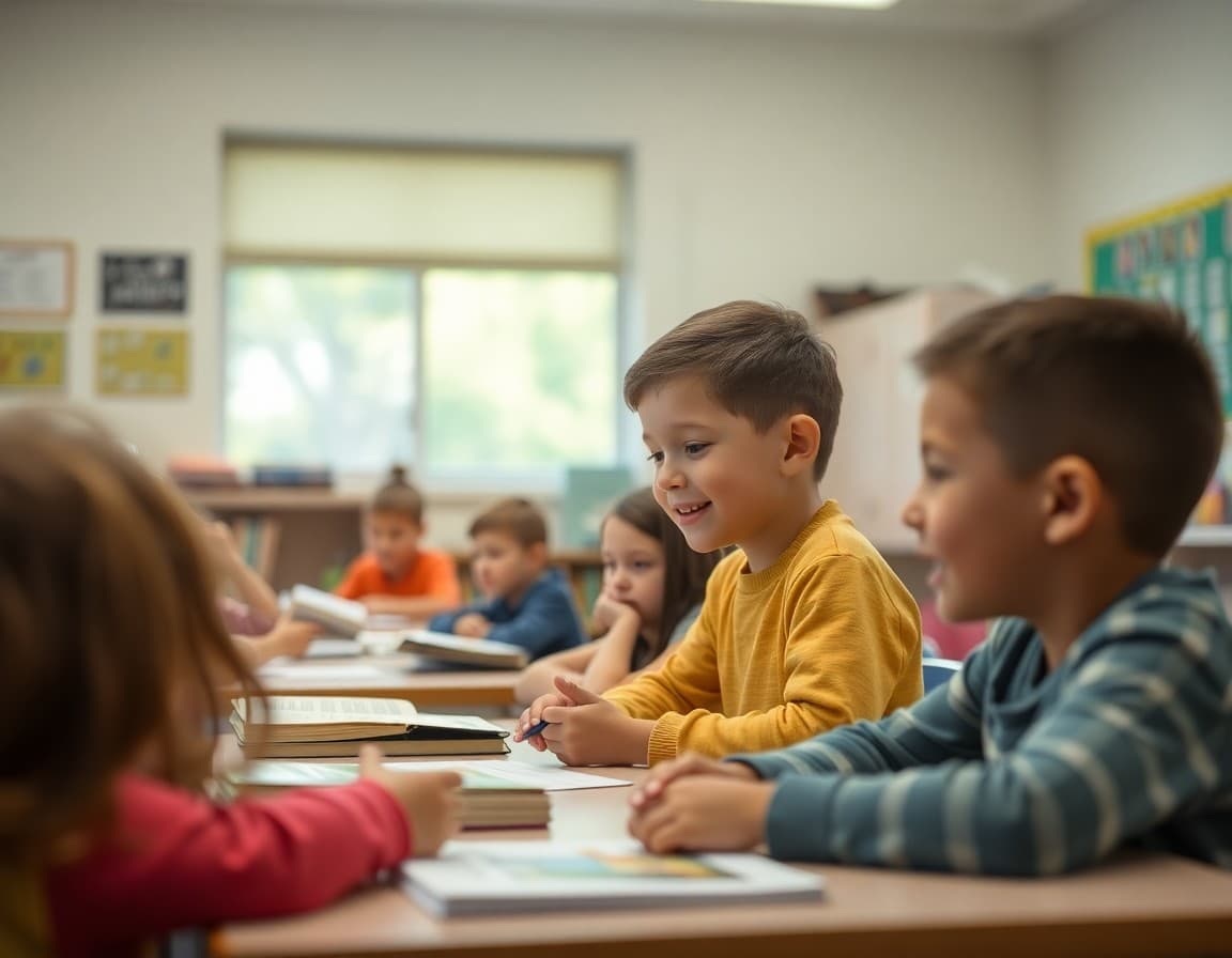 Elementary classroom activity related to the upcoming school book fair with engaged students