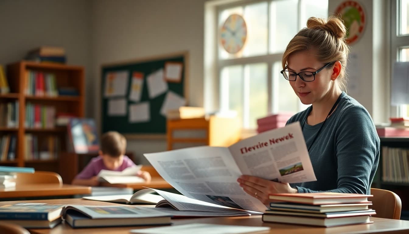 Elementary school teacher preparing a newsletter about the upcoming school book fair for K-5 families