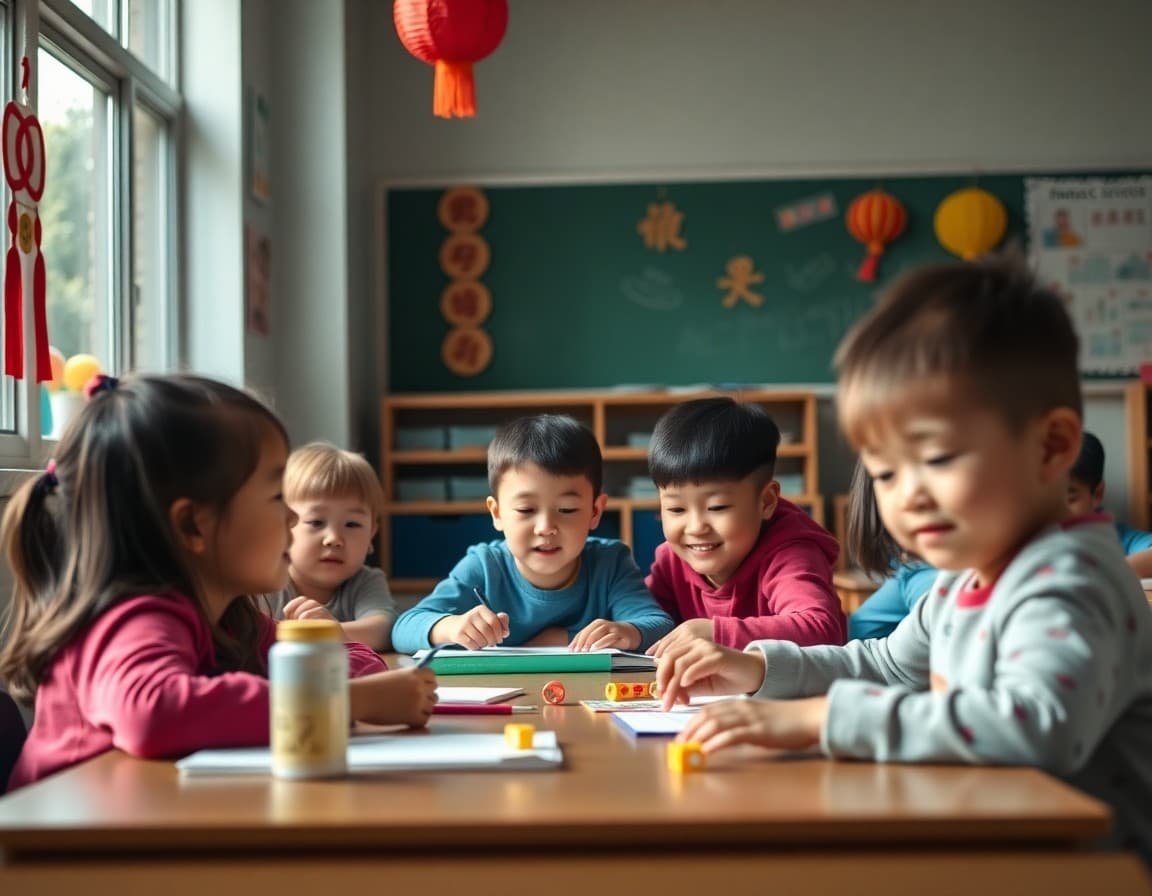 Elementary classroom activity related to Chinese New Year cultural studies and classroom activities with engaged students