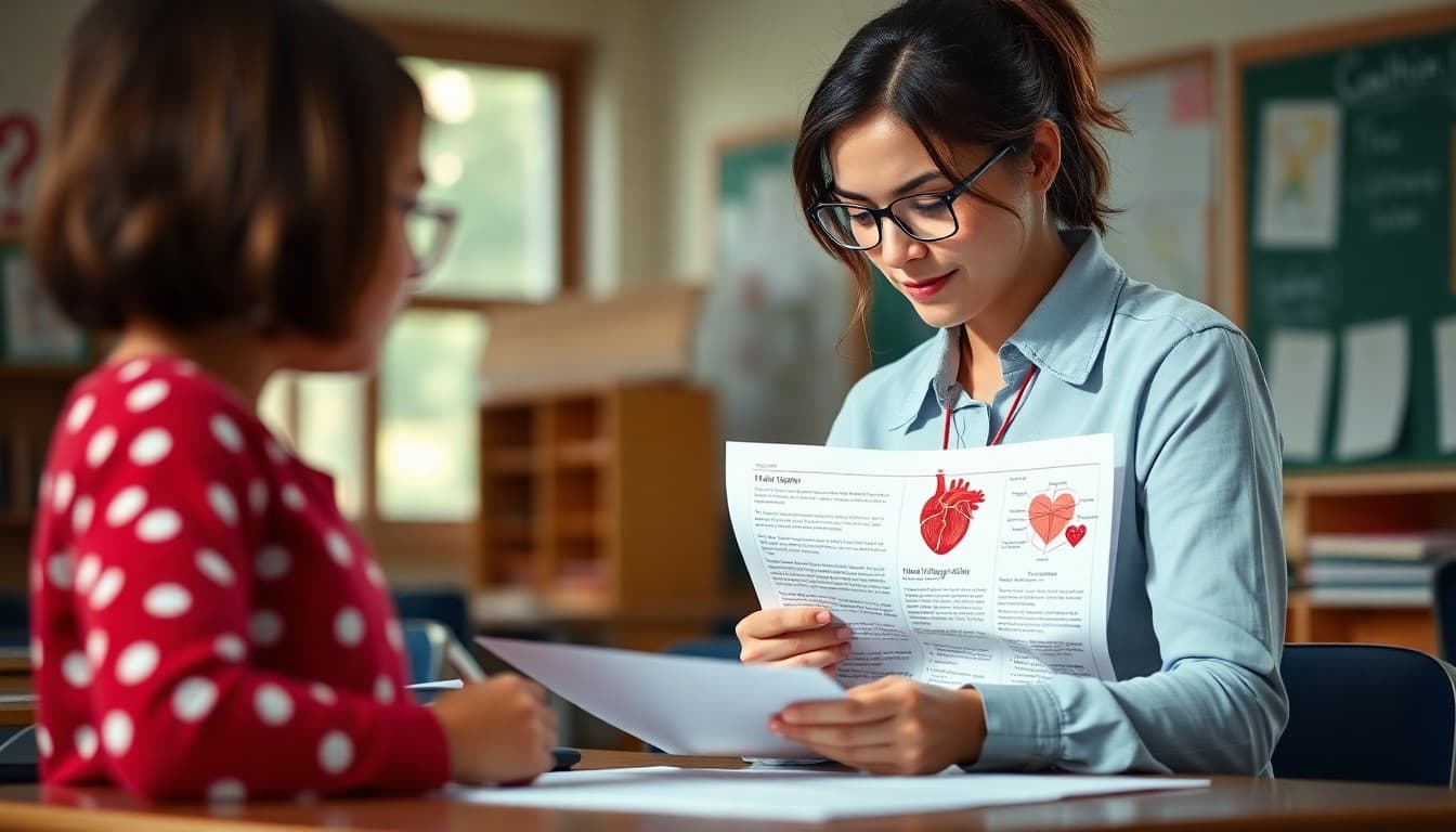 Elementary school teacher preparing a newsletter about the circulatory system and heart health unit for K-5 families