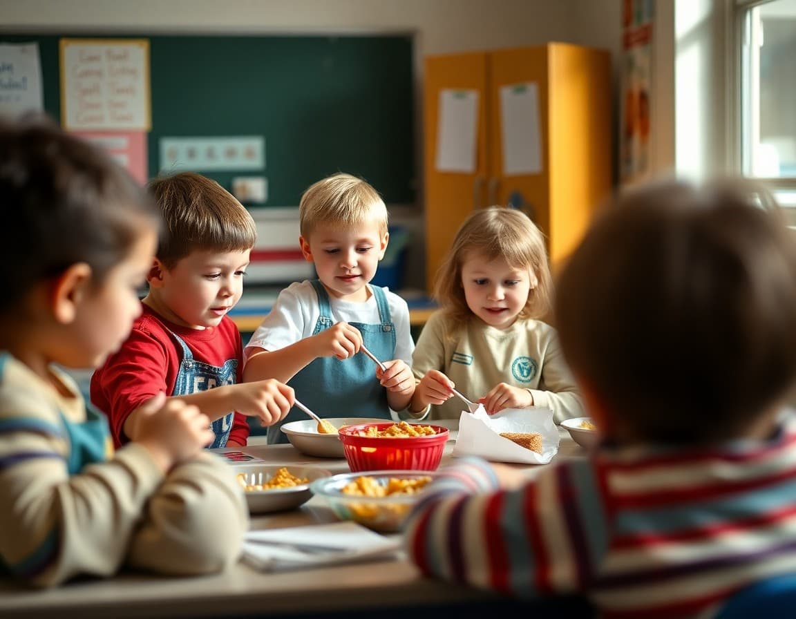 Elementary classroom activity related to the class community cookbook and family recipe project with engaged students
