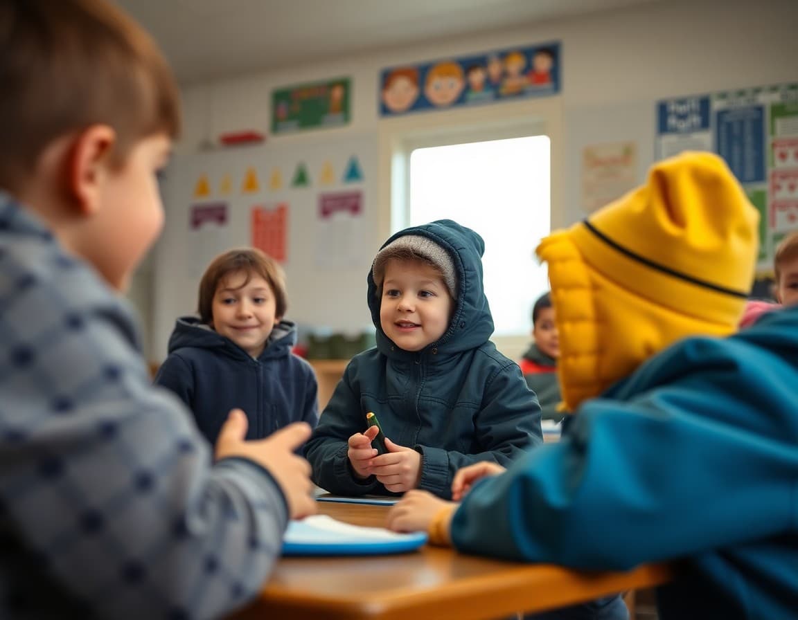 Elementary classroom activity related to cold weather gear expectations for outdoor recess with engaged students