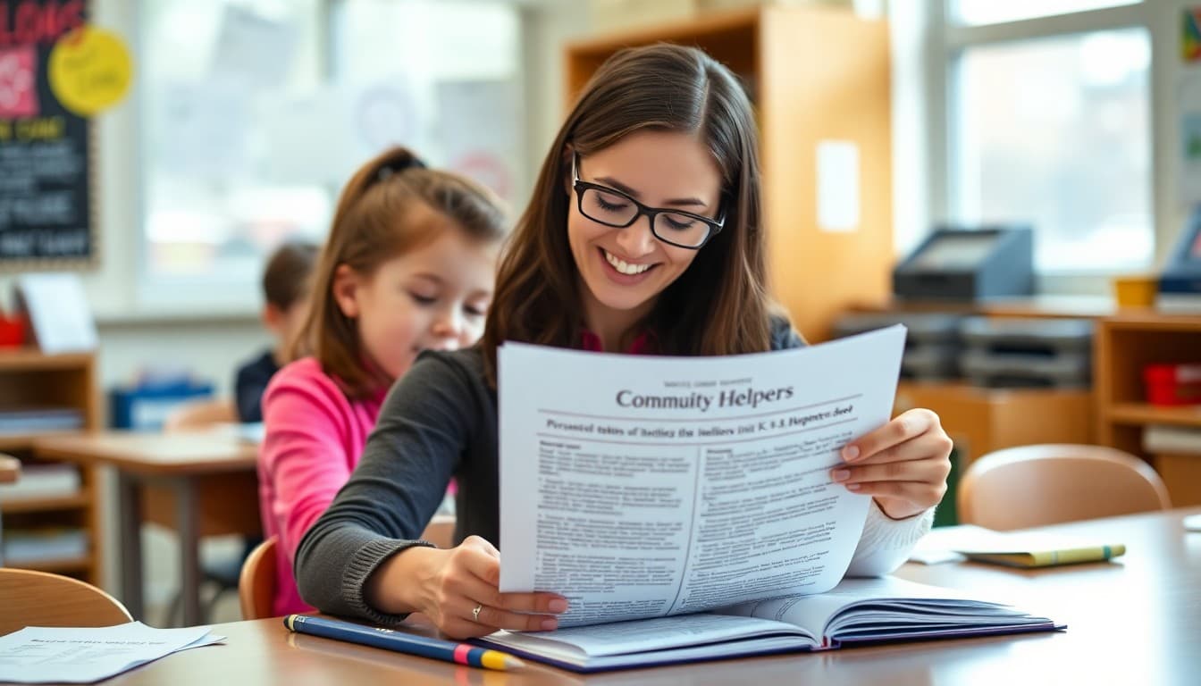 Elementary school teacher preparing a newsletter about the community helpers social studies unit for K-5 families