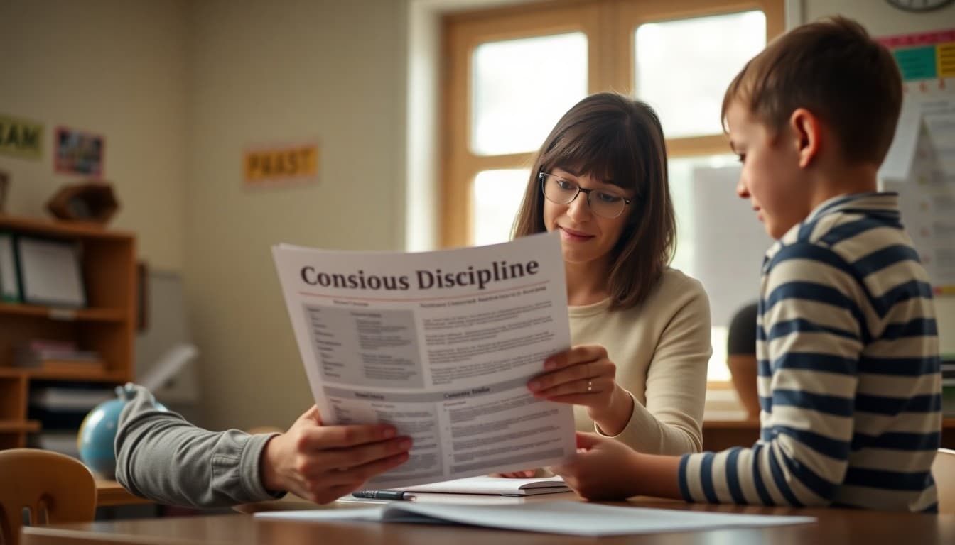 Elementary school teacher preparing a newsletter about Conscious Discipline and social-emotional learning for K-5 families
