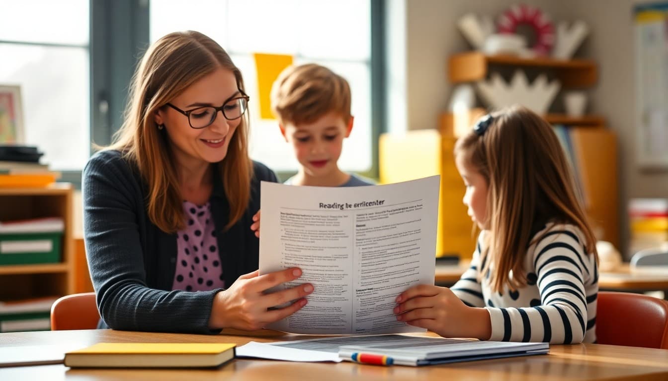 Elementary school teacher preparing a newsletter about reading decoding strategies and phonics application for K-5 families