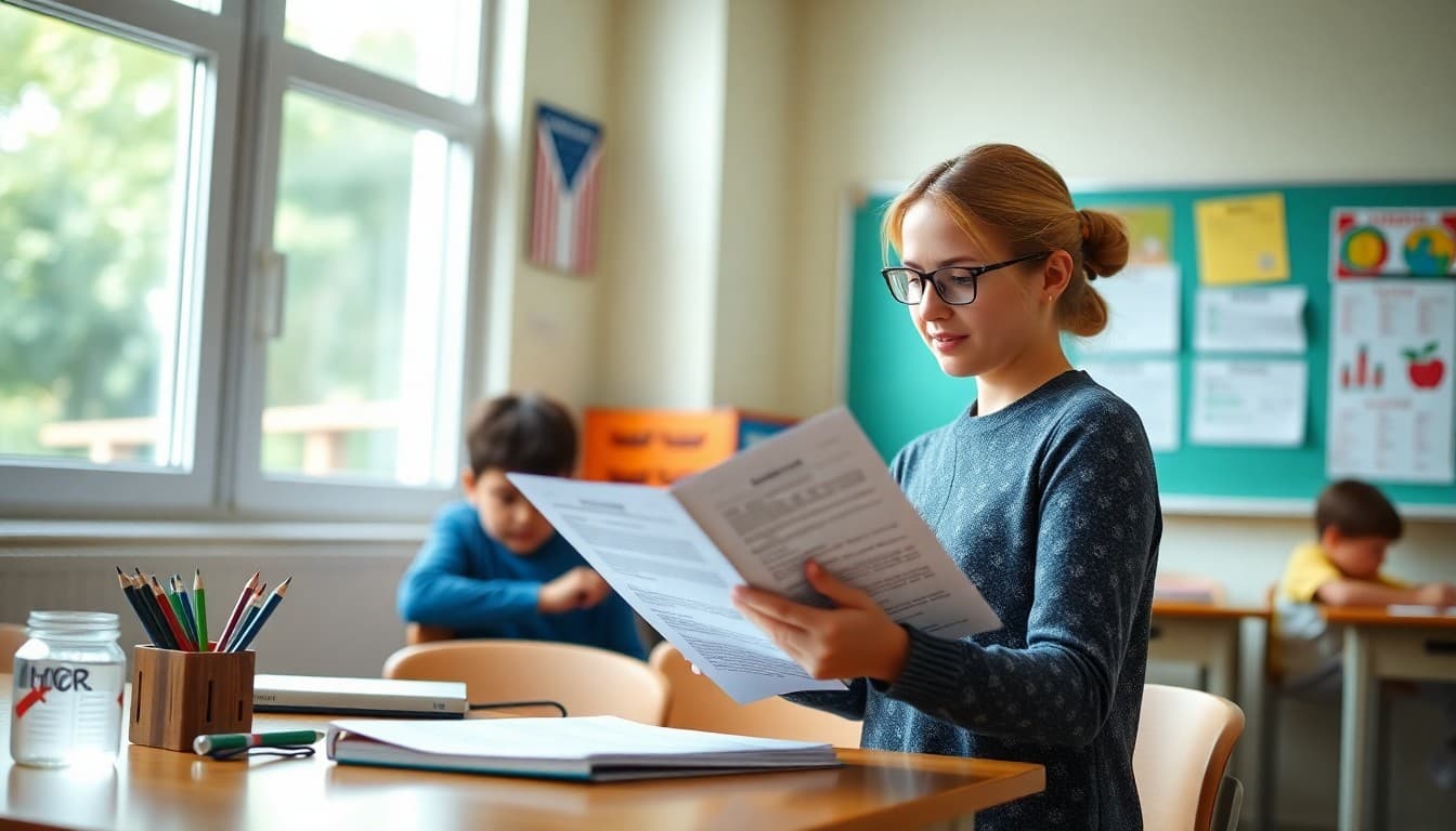 Elementary school teacher preparing a newsletter about departmentalized teaching and subject-specific instruction in upper elementary for K-5 families