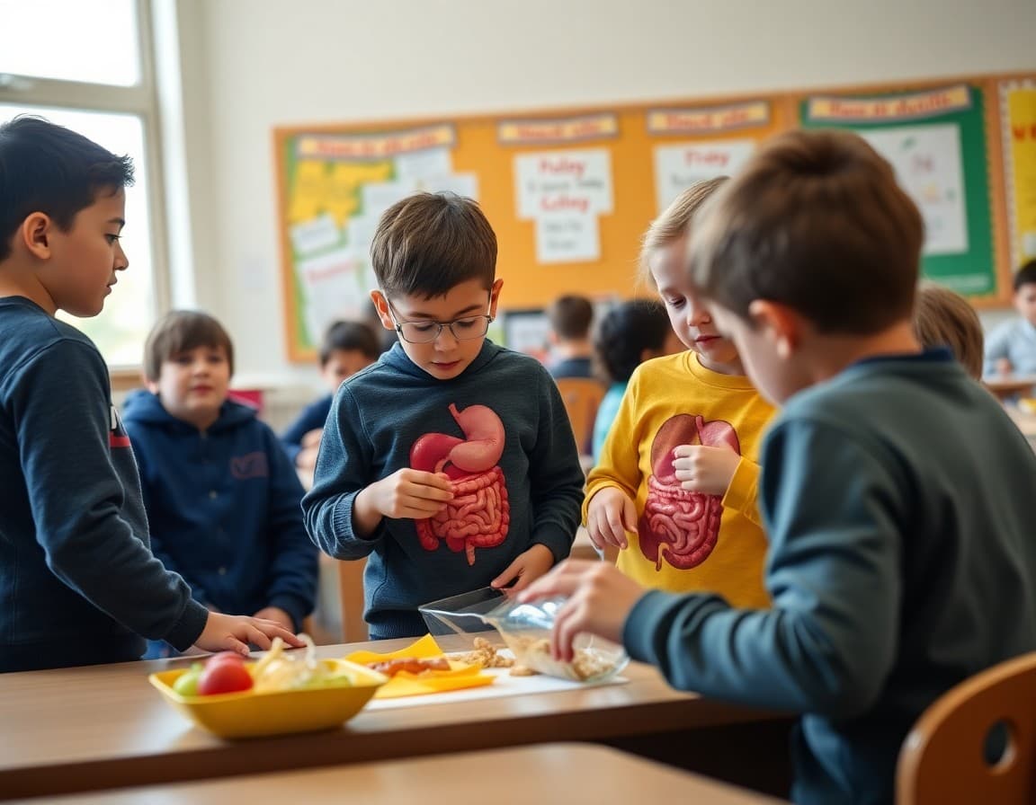Elementary classroom activity related to the digestive system and nutrition science unit with engaged students