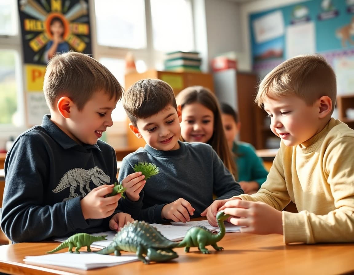 Elementary classroom activity related to the dinosaurs and prehistoric life science unit with engaged students