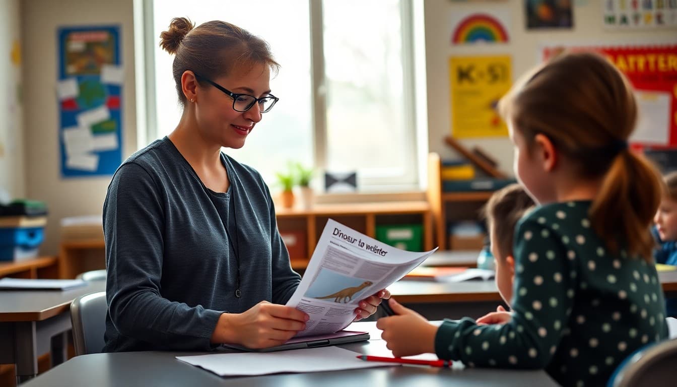 Elementary school teacher preparing a newsletter about the dinosaurs and prehistoric life science unit for K-5 families