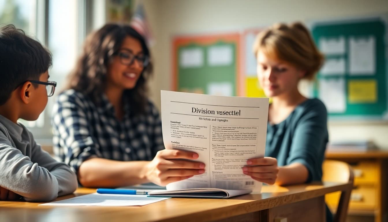 Elementary school teacher preparing a newsletter about division concepts and strategies for K-5 families