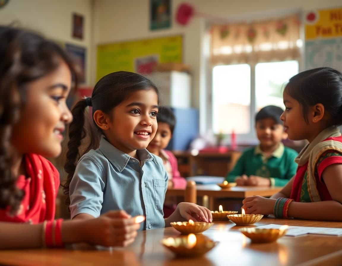 Elementary classroom activity related to Diwali cultural studies and classroom celebrations with engaged students