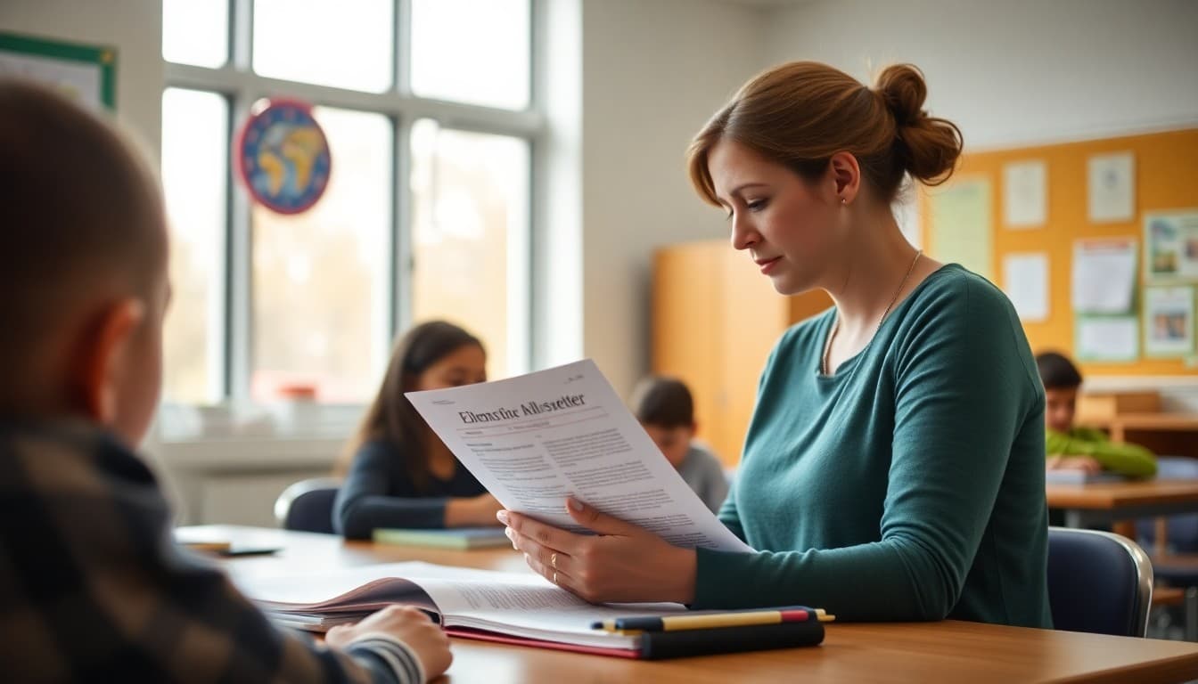 Elementary school teacher preparing a newsletter about the transition from elementary to middle school for K-5 families
