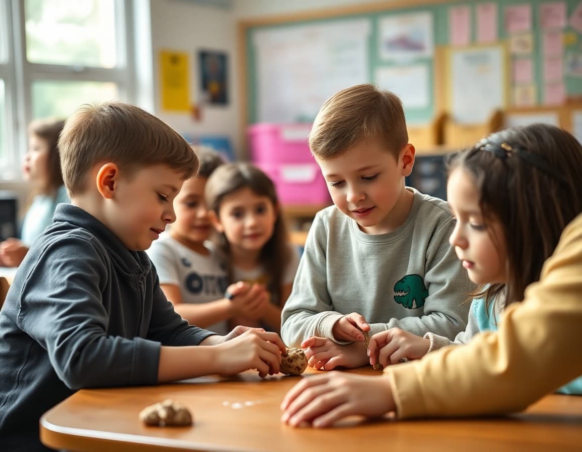 Elementary classroom activity related to the fossils and paleontology unit with engaged students