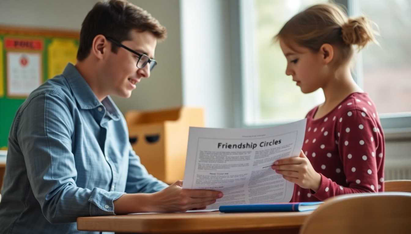 Elementary school teacher preparing a newsletter about friendship circles and peer inclusion programs for K-5 families