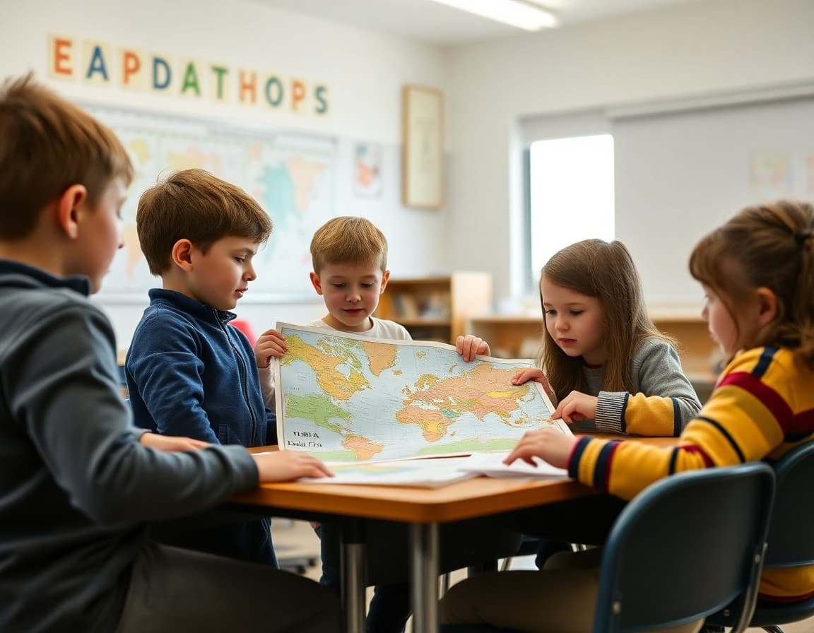 Elementary classroom activity related to geography skills and map reading instruction with engaged students