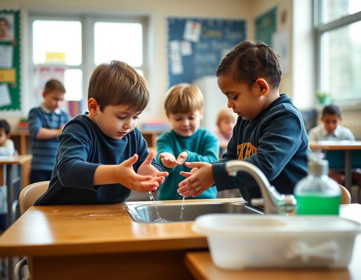Elementary classroom activity related to hand washing, hygiene, and illness prevention with engaged students