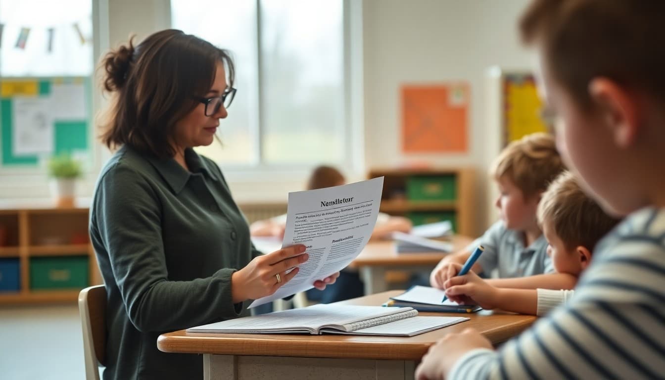 Elementary school teacher preparing a newsletter about handwriting instruction and practice for K-5 families
