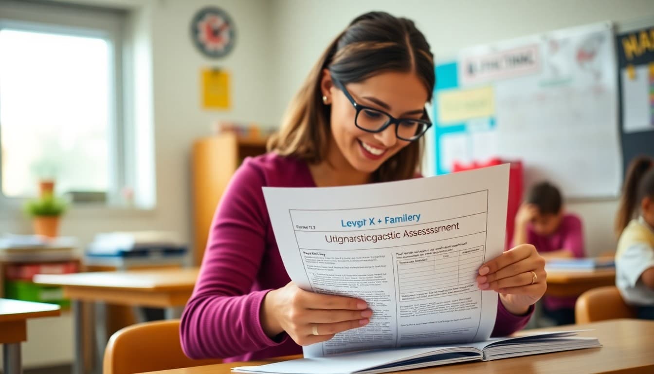 Elementary school teacher preparing a newsletter about iReady diagnostic assessment results and growth tracking for K-5 families