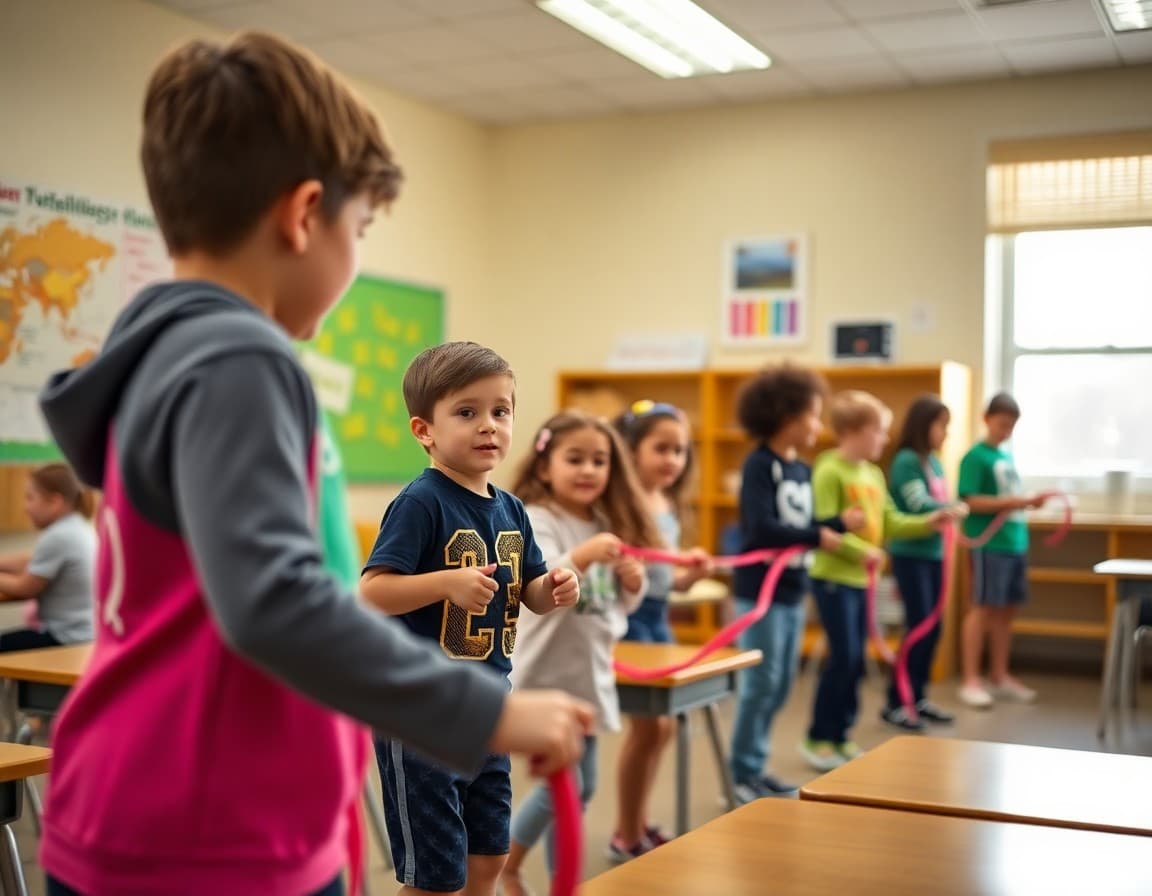 Elementary classroom activity related to the school jump rope fundraiser and fitness event with engaged students