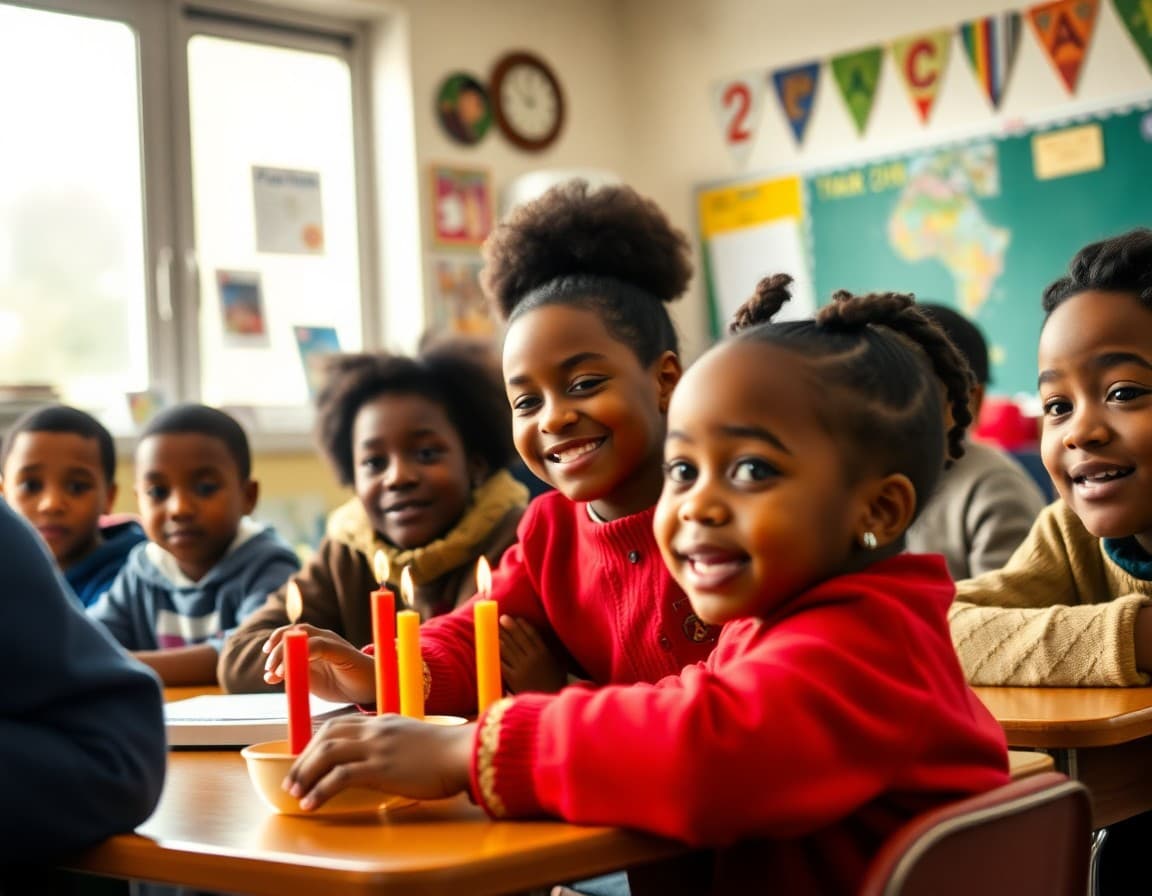 Elementary classroom activity related to Kwanzaa and African American cultural heritage studies with engaged students