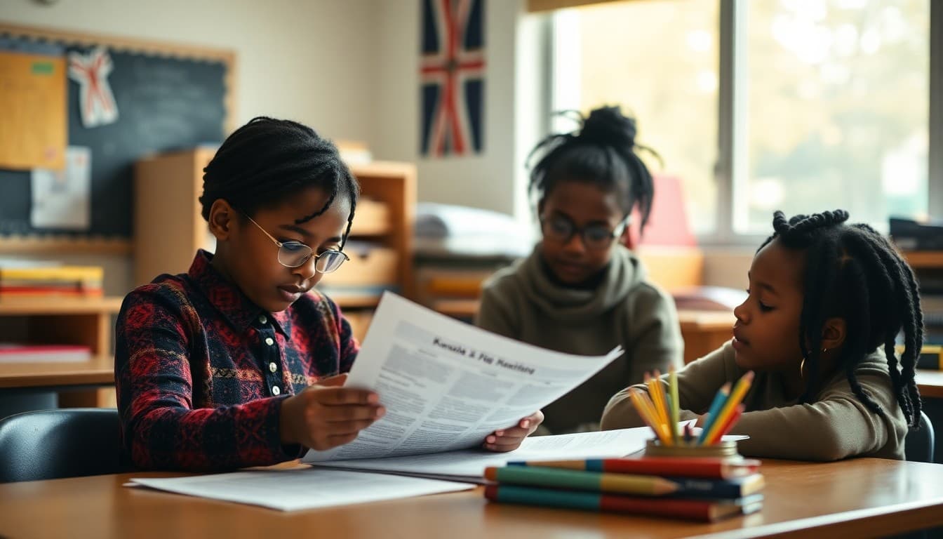 Elementary school teacher preparing a newsletter about Kwanzaa and African American cultural heritage studies for K-5 families