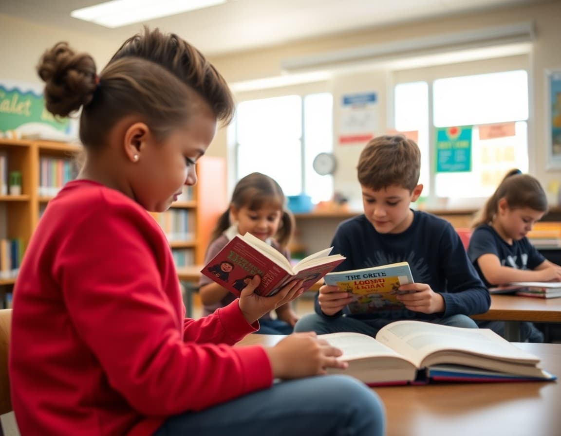 Elementary classroom activity related to the classroom leveled library and independent reading selection with engaged students