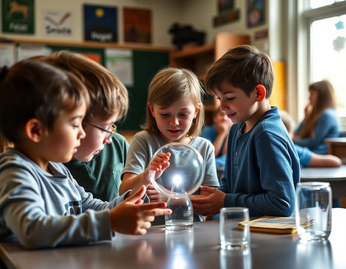 Elementary classroom activity related to the light and optics science unit with engaged students