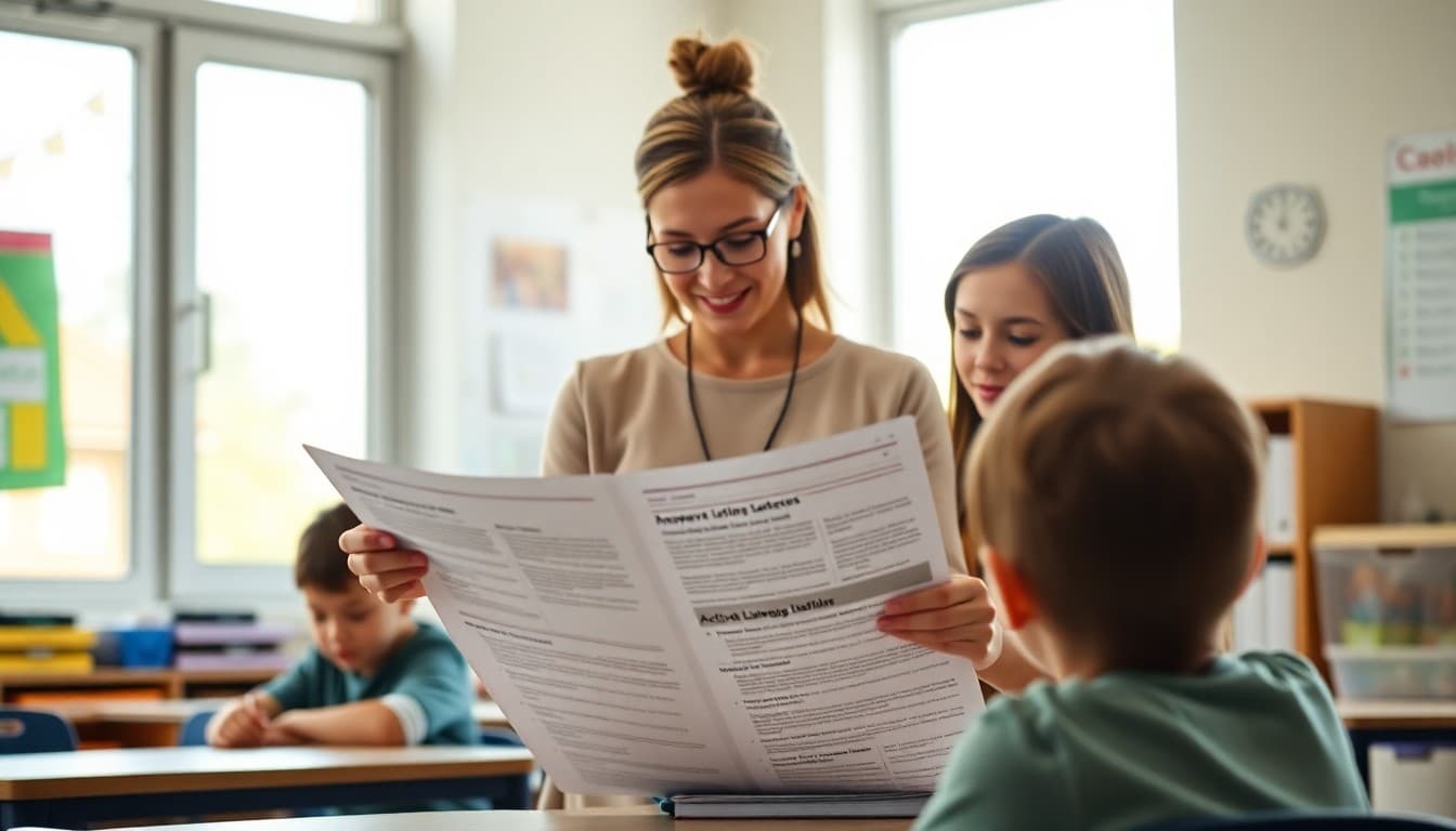Elementary school teacher preparing a newsletter about active listening skills instruction for K-5 families