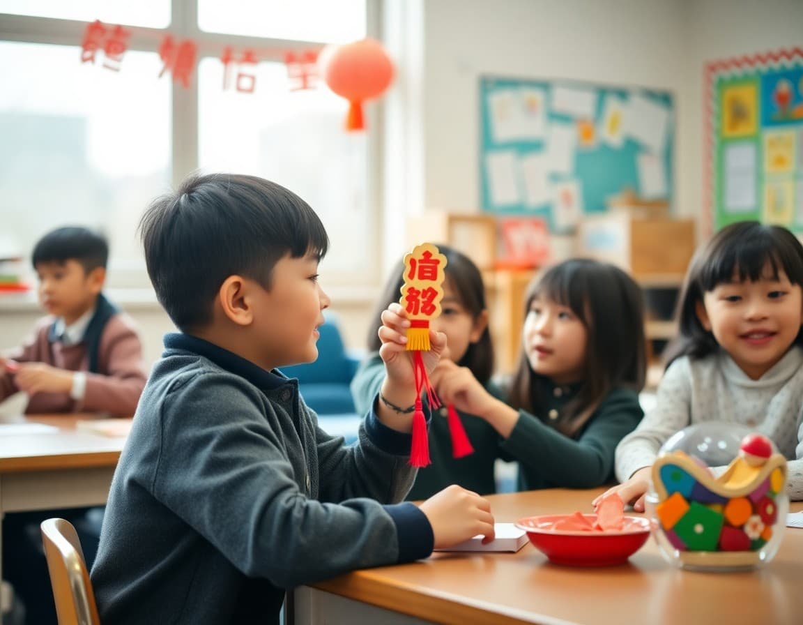 Elementary classroom activity related to Lunar New Year celebrations and cultural learning with engaged students