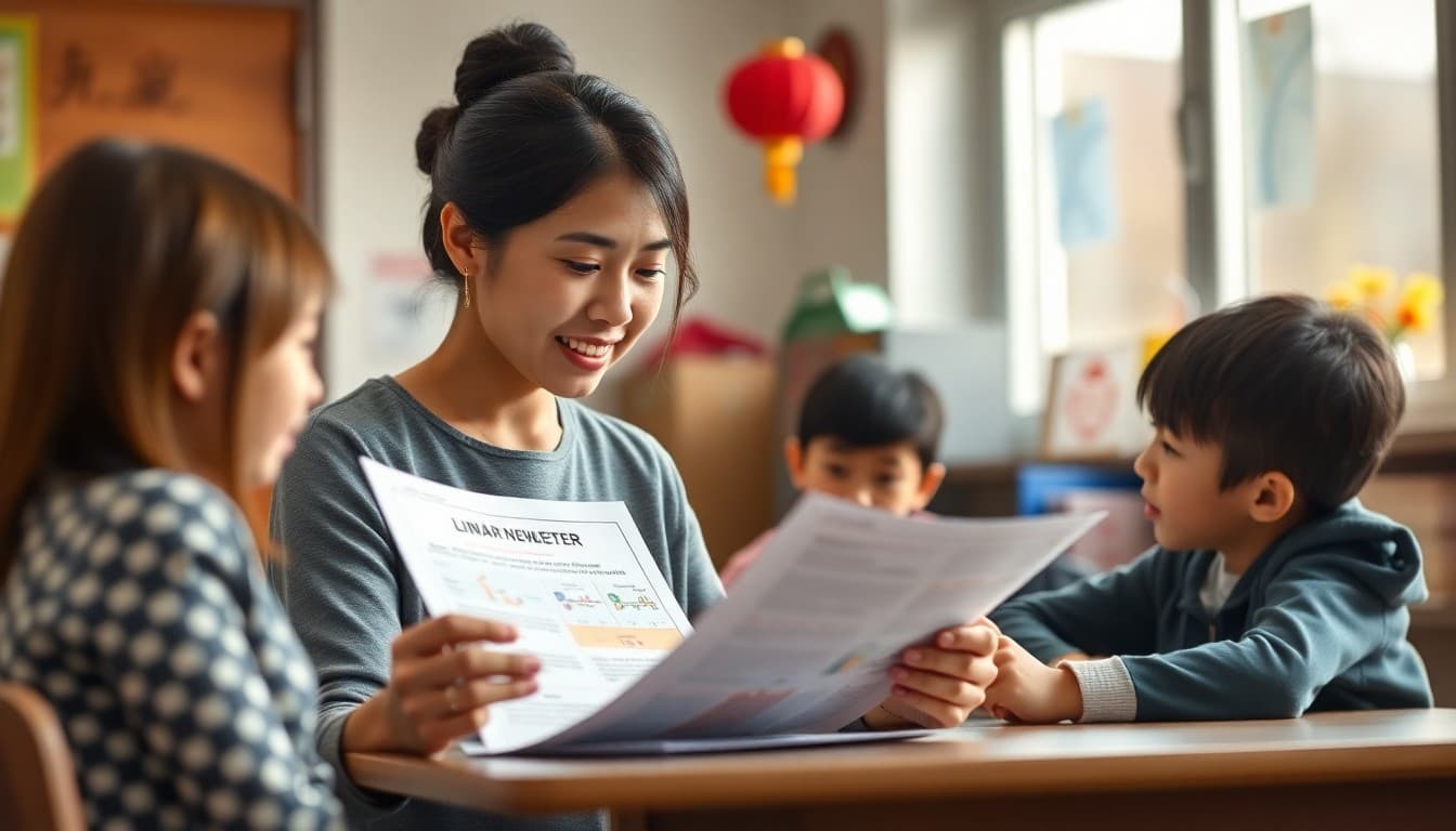 Elementary school teacher preparing a newsletter about Lunar New Year celebrations and cultural learning for K-5 families