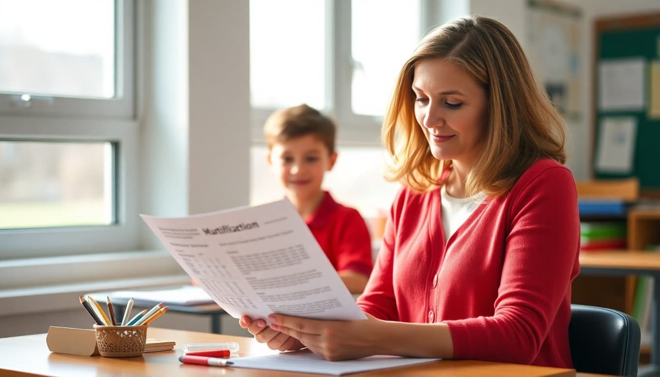 Elementary school teacher preparing a newsletter about multiplication fact fluency and home practice for K-5 families