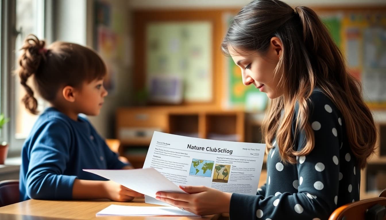 Elementary school teacher preparing a newsletter about the school nature club and outdoor learning program for K-5 families