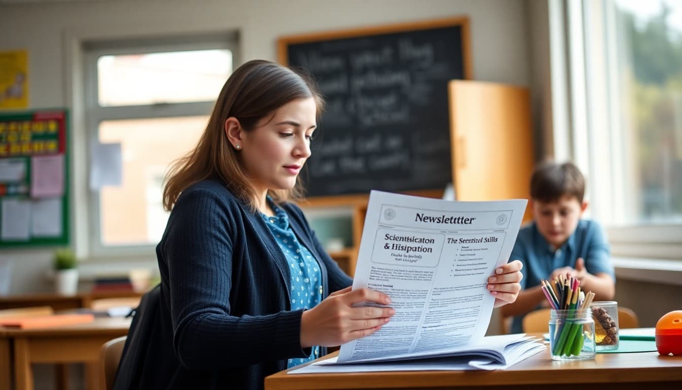 Elementary school teacher preparing a newsletter about scientific observation and noticing skills for K-5 families