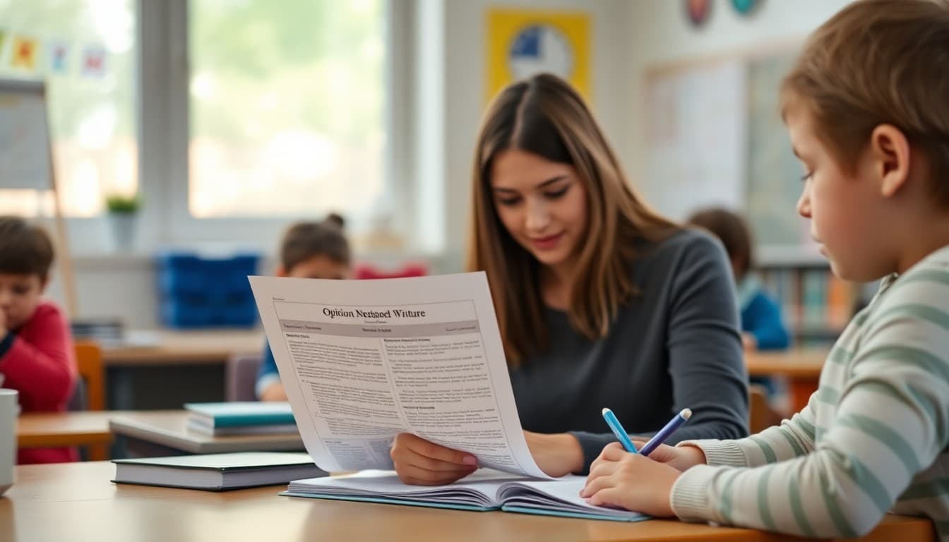 Elementary school teacher preparing a newsletter about opinion writing and persuasive text structure for K-5 families