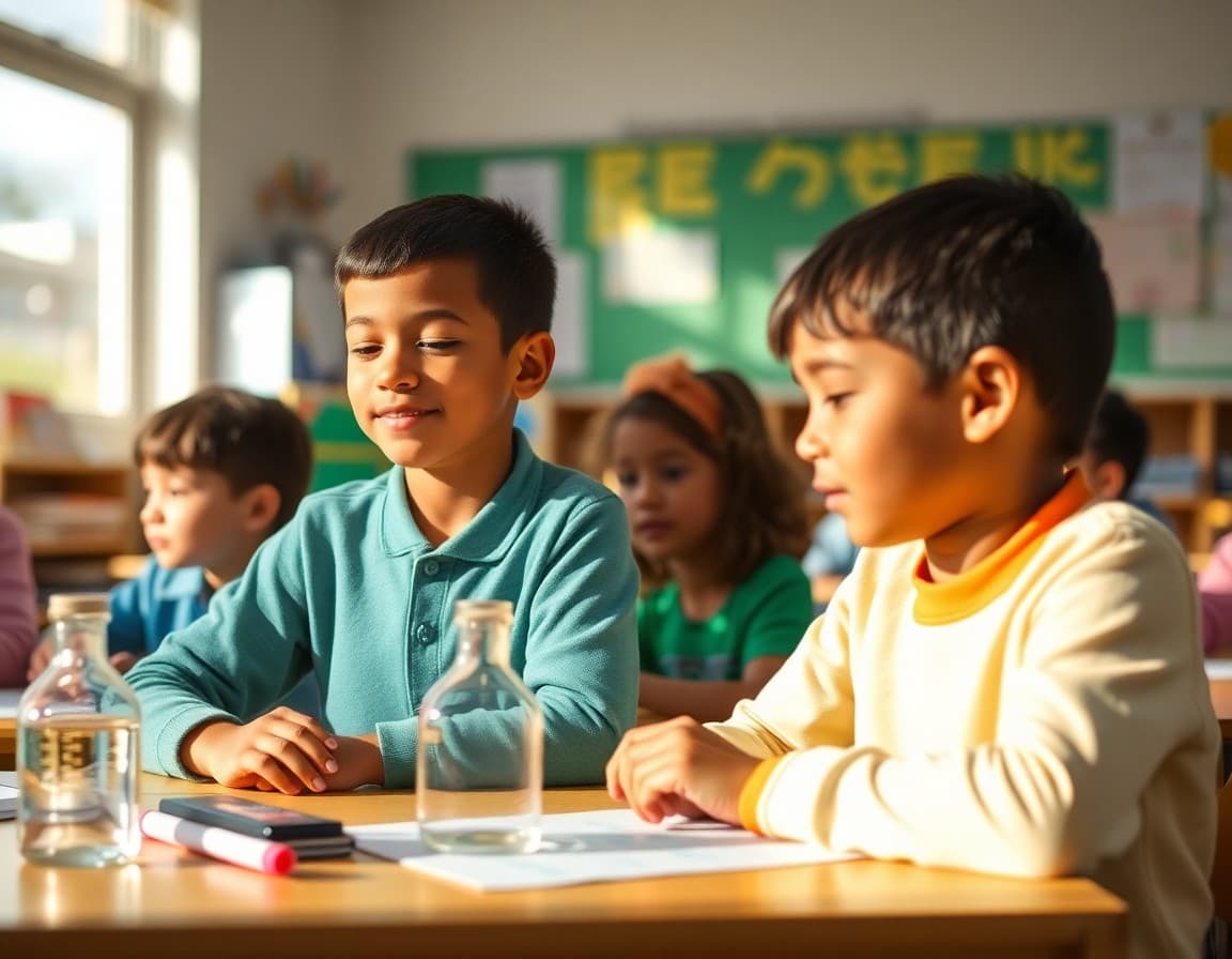 Elementary classroom activity related to the respiratory system and breathing unit with engaged students