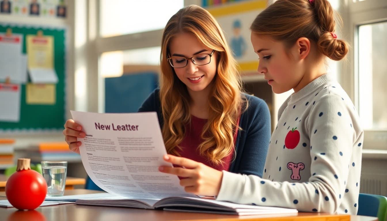 Elementary school teacher preparing a newsletter about sight word progress and home reading practice for K-5 families