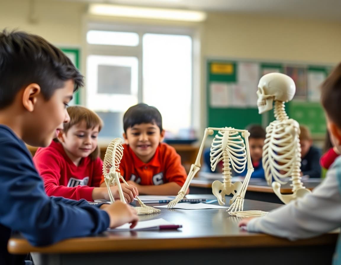 Elementary classroom activity related to the skeleton and human body unit with engaged students