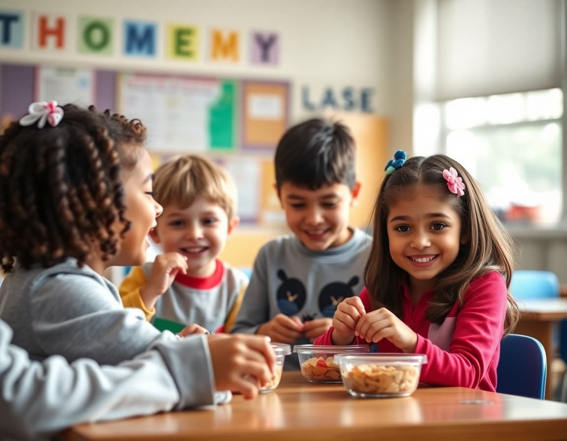 Elementary classroom activity related to classroom snack policy and healthy eating guidelines with engaged students